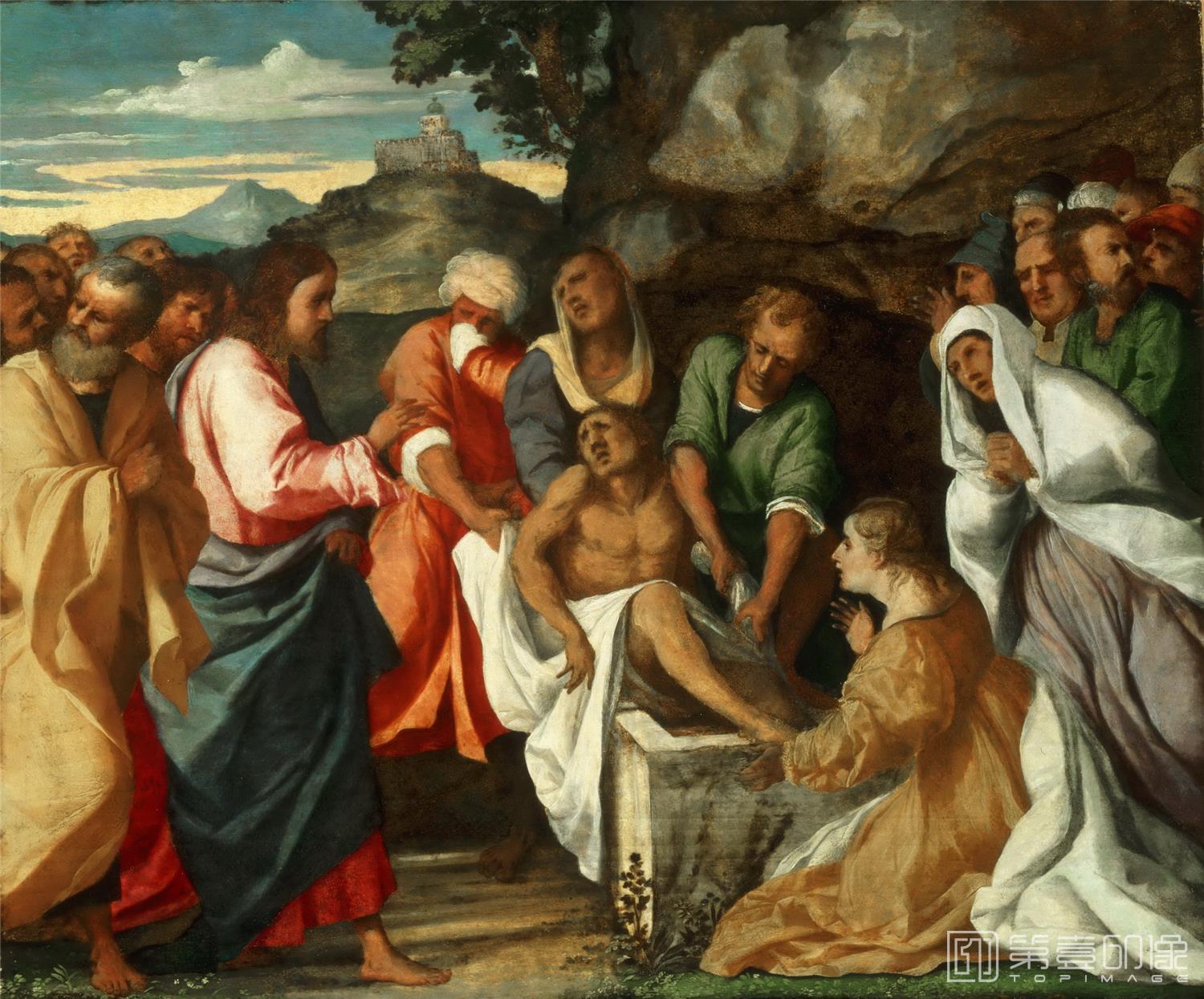 油画-美国费城美术馆藏画-Palma il Vecchio (Jacopo d’Antonio Negretti), Italian (active Venice), first documented 1510, died 1528The Raising of Lazarus-476